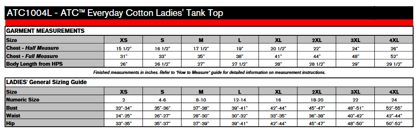 ATC 1004L Tank Top Sizing Chart