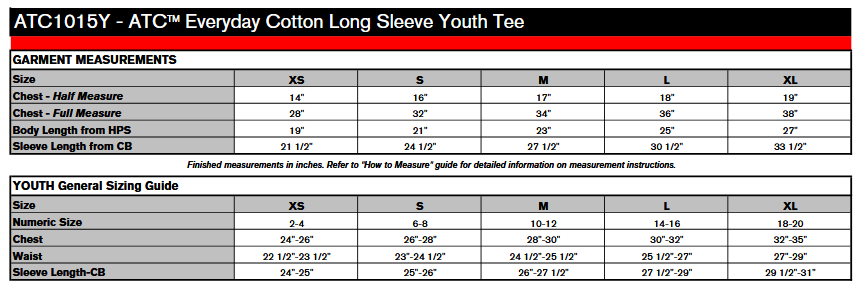ATC 1015Y Long Sleeve Sizing Chart