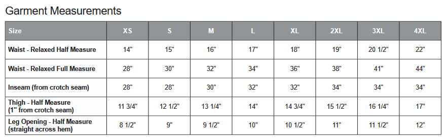 ATC F2180 Sweatpants Sizing Chart