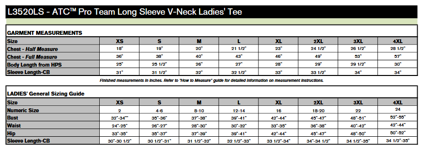ATC L3520LS Pro Team Long Sleeve Sizing Chart
