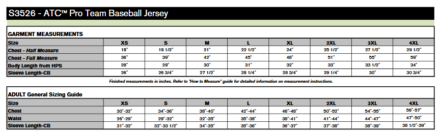 ATC S3526 Pro Team Baseball Jersey Sizing Chart