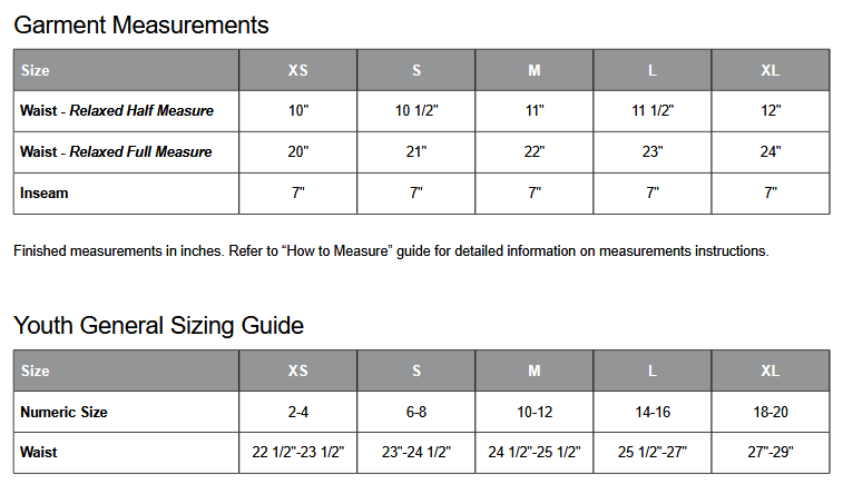 ATC Y355 Shorts Sizing Chart
