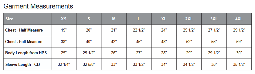 Coal Harbour 7690L Jacket Sizing Chart