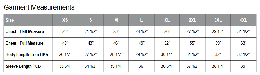 Coal Harbour F2010 Full Zip Jacket Sizing Chart