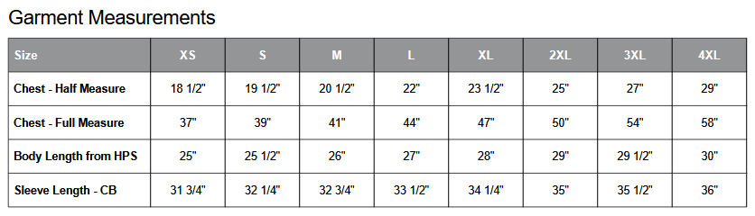 Coal Harbour L2010 Full Zip Jacket Sizing Chart