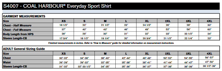 Coal Harbour S4007 Polo Sizing Chart