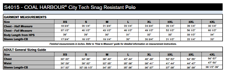 Coal Harbour S4015 Polo Sizing Chart