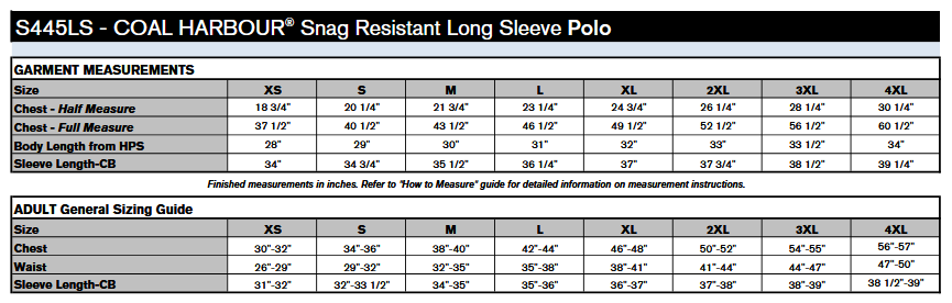 Coal Harbour S445LS Polo Sizing Chart